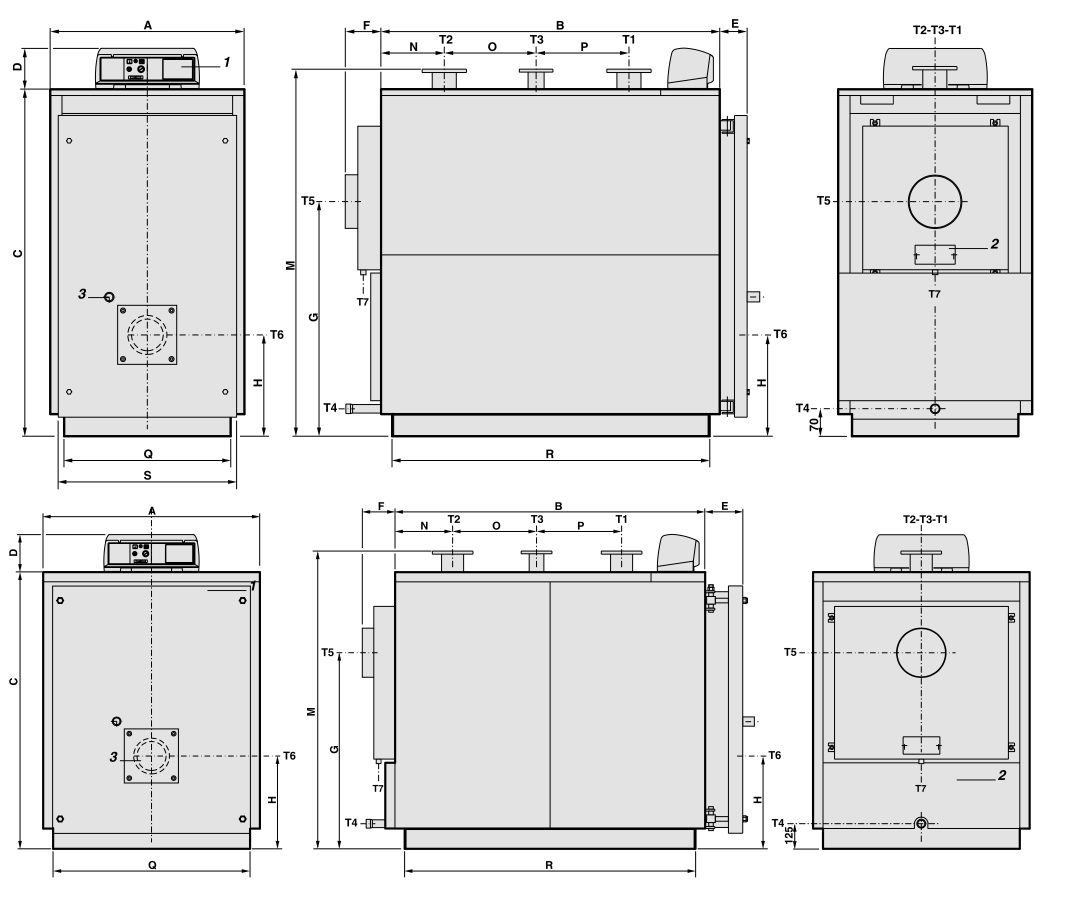 Габаритные размеры и подключения котлов TRISTAR 3G 500 2S... TRISTAR 3G 840 2S